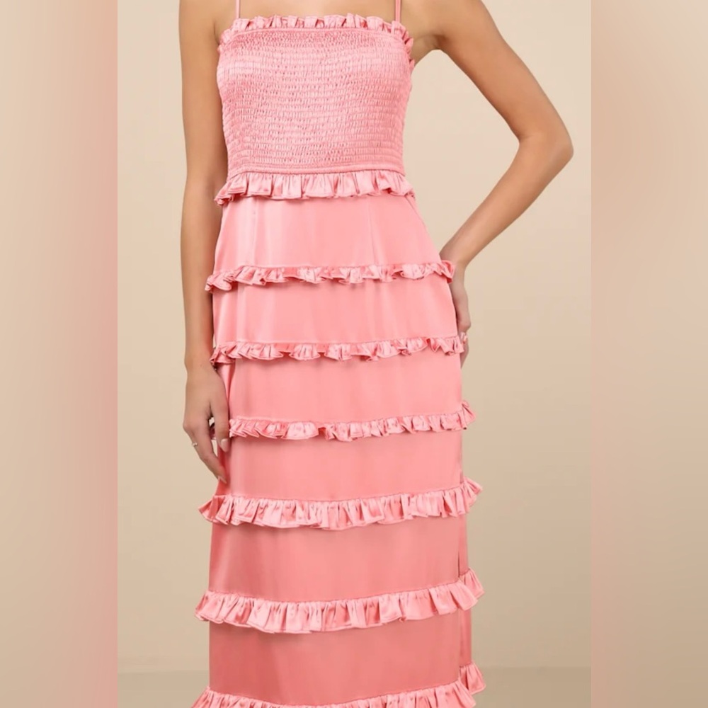 Lulus Sincerely Fabulous Peach Pink Satin Smocked Ruffled Maxi Dress - Size L - Picture 6 of 10
